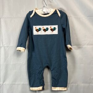 Blue knit jumpsuit with Rooster Embroidery and gingham trim size 3-6 months NWT